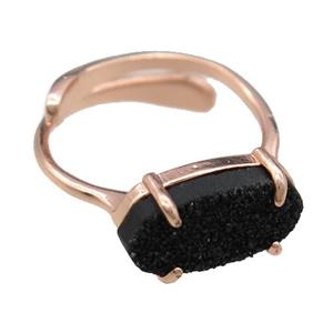 copper Rings with black Quartz Druzy, resizable, rose gold, approx 7-14mm, 18mm dia