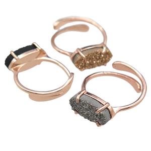 copper Rings with Quartz Druzy, mixed, resizable, rose gold, approx 7-14mm, 18mm dia