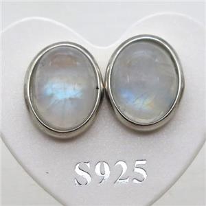 Sterling Silver Stud Earring with rainbow moonstone, approx 9x11mm