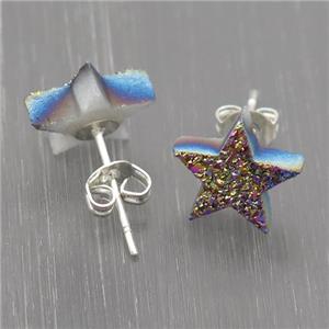 rainbow Quartz Druzy Stud Earrings, Star, approx 10mm