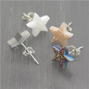 Quartz Druzy Star Stud Earrings, mix color, platinum plated, approx 10mm