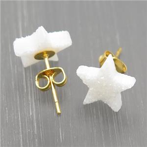 white Star Quartz Druzy Stud Earrings, gold plated, approx 10mm