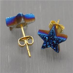 blue Quartz Druzy Star Stud Earrings, approx 10mm