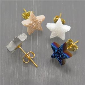 Star Quartz Druzy Stud Earrings, mix color, gold plated, approx 10mm