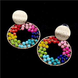 Pearlized Glass Stud Earring Copper Multicolor Wire Wrapped Gold Plated, approx 16mm, 35mm dia