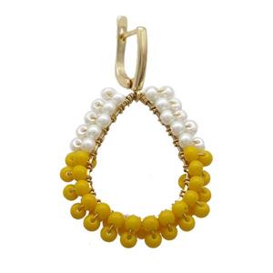 White Yellow Pearlized Glass Copper Latchback Earring Gold Plated, approx 3mm, 30-35mm, 12-16mm