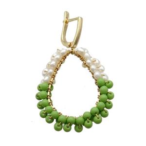 White Green Pearlized Glass Copper Latchback Earring Gold Plated, approx 3mm, 30-35mm, 12-16mm