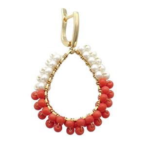 White Red Pearlized Glass Copper Latchback Earring Gold Plated, approx 3mm, 30-35mm, 12-16mm