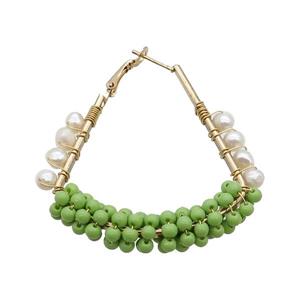 Green Pearlized Glass Copper Latchback Earring White Pearl Gold Plated, approx 3mm, 5mm, 50mm