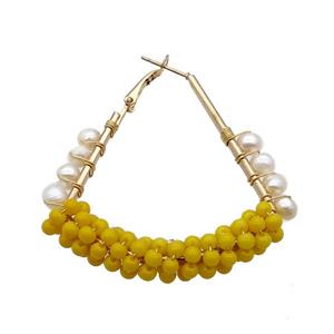 Yellow Pearlized Glass Copper Latchback Earring White Pearl Gold Plated, approx 3mm, 5mm, 50mm