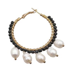 Black Crystal Glass Copper Hoop Earring With Pearl Gold Plated, approx 3mm, 8-11mm, 45mm dia