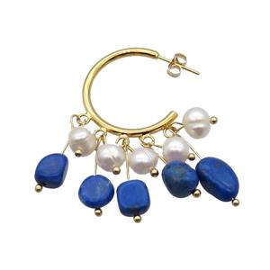 Blue Lapis Pearl Copper Stud Earring Gold Plated, approx 5-8mm, 6mm, 22mm dia