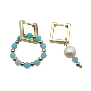 Green Amazonite Copper Latchback Earring With Pearl Gold Plated, approx 4mm, 8mm, 22mm, 12-14mm