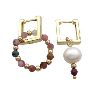 Multicolor Tourmaline Copper Latchback Earring With Pearl Gold Plated, approx 4mm, 8mm, 22mm, 12-14mm