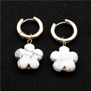 White Howlite Turquoise Flower Copper Hoop Earring Gold Plated, approx 16mm, 16mm dia