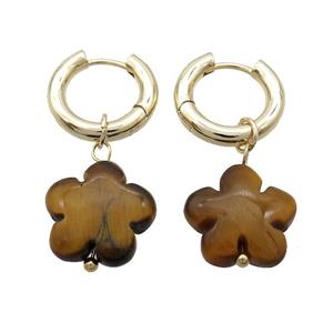 Tiger Eye Stone Flower Copper Hoop Earring Gold Plated, approx 16mm, 16mm dia