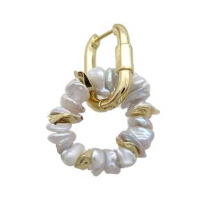 Natural White Pearl Copper Latchback Earring Gold Plated, approx 4-6mm, 20mm, 15-20mm
