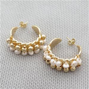 White Pearl Copper Stud Earring Gold Plated, approx 4mm, 28mm dia