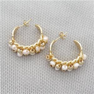 White Pearl Copper Stud Earring Gold Plated, approx 4mm, 28mm dia