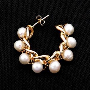 White Pearl Copper Stud Earring Gold Plated, approx 6mm, 30mm