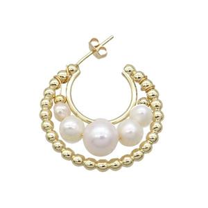 White Pearl Copper Stud Earring Gold Plated, approx 6-9mm, 30mm