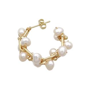 White Pearl Copper Stud Earring Gold Plated, approx 5-6mm, 30mm