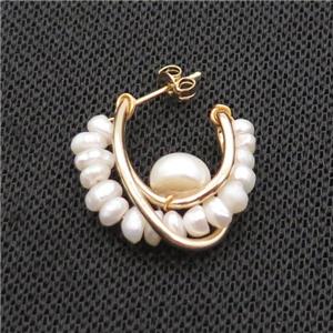 White Pearl Copper Stud Earring Gold Plated, approx 4mm, 22-27mm