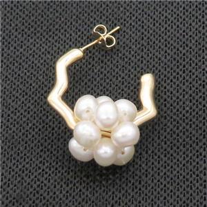 White Pearl Copper Stud Earring Gold Plated, approx 6mm, 25-35mm