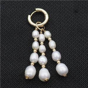 White Pearl Copper Hoop Earring Gold Plated, approx 4-9mm, 35mm length, 16mm dia