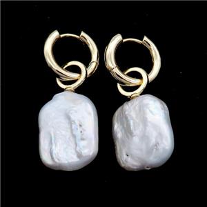White Pearl Copper Hoop Earring Gold Plated, approx 15-20mm, 16mm dia