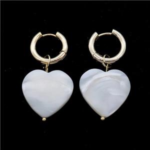 White MOP Shell Copper Hoop Earring Heart Gold Plated, approx 20mm, 16mm dia