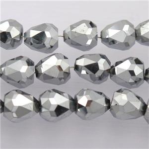 Chinese Crystal Glass Beads, faceted teardrop, platinum plated, approx 7-9mm, 60pcs per st