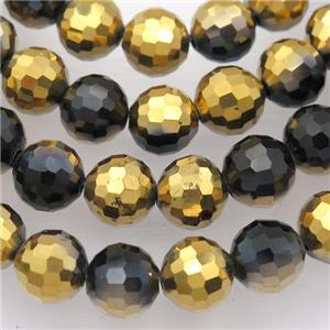 black Chinese Crystal Glass Beads, faceted round, half gold plated, approx 10mm, 72pcs per st
