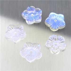 clear crystal glass flower beads, AB-color electroplated, approx 12.5mm
