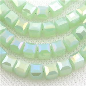 Jadeite Glass Beads, faceted cube, green AB-color, approx 7.5mm, 98pcs per st
