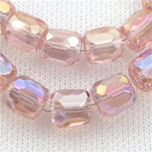 Crystal Glass Beads, faceted barrel, pink AB-color, approx 10mm, 50pcs per st