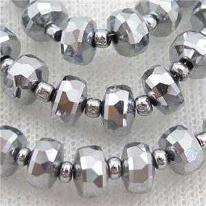 Crystal Glass beads, faceted rondelle, silver plated, approx 7-10mm, 80pcs per st