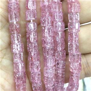 pink Crackle Crystal Glass cube beads, approx 6x6mm