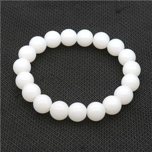 White Jadeite Glass Bracelet Stretchy Smooth Round, approx 10mm dia