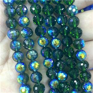Crystal Glass Beads Faceted Round Green AB-Color, approx 8mm dia, 48pcs per st