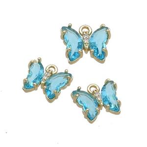 Copper Butterfly Pendant Pave Aqua Crystal Glass Gold Plated, approx 9-11mm