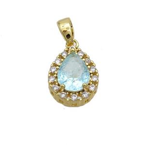Copper Teardrop Pendant Pave Aqua Crystal Glass Gold Plated, approx 11-14mm