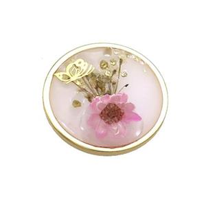 Pink Resin Circle Pendant Flower, approx 20mm