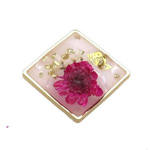 Pink Resin Square Pendant Flower, approx 18x18mm