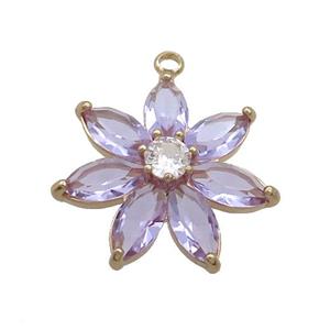 Copper Flower Pendant Pave Puprle Crystal Glass Gold Plated, approx 25mm