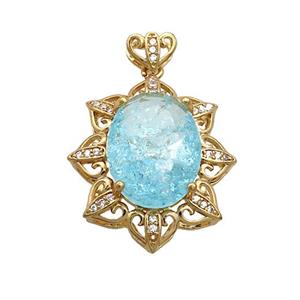 Copper Flower Pendant Pave Blue Crystal Glass Gold Plated, approx 20-25mm