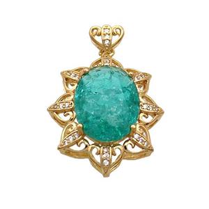 Copper Flower Pendant Pave Green Crystal Glass Gold Plated, approx 20-25mm