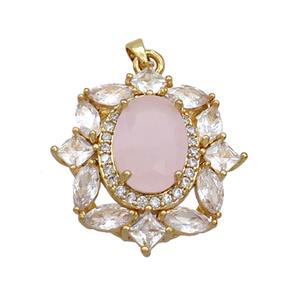 Copper Flower Pendant Pave Pink Crystal Glass Gold Plated, approx 25-28mm