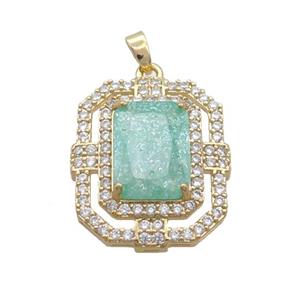 Copper Rectangle Pendant Pave Green Crystal Glass Gold Plated, approx 20-25mm