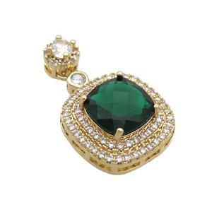 Copper Square Pendant Pave Green Crystal Glass Gold Plated, approx 17mm, 8mm